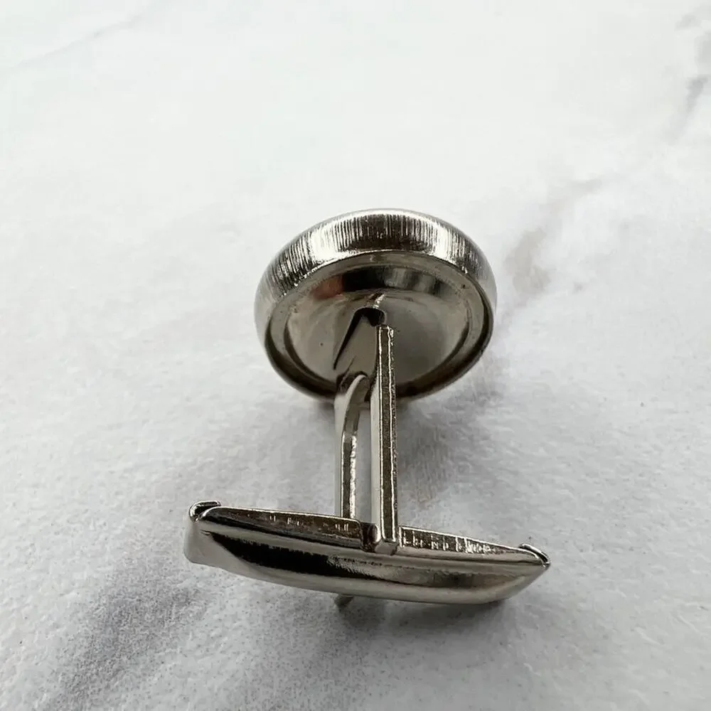 Vintage Silver Tone and Black Round Single Cufflink